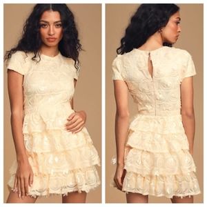NWT Lulu’s Worth the Wait Cream Sequin Ruffled Mini Dress Size: XS Beige